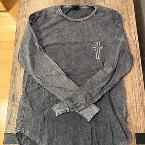 Men's Washed Black Long Sleeve Shirt with Cross Design